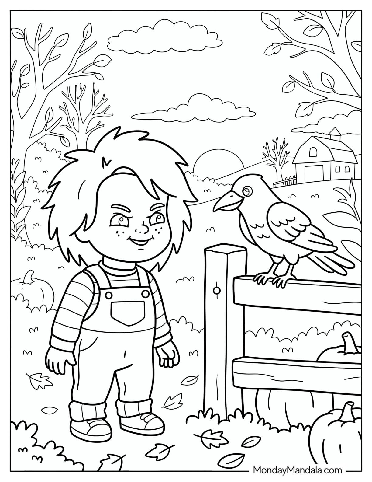 Chucky Coloring Page Talking to a Crow