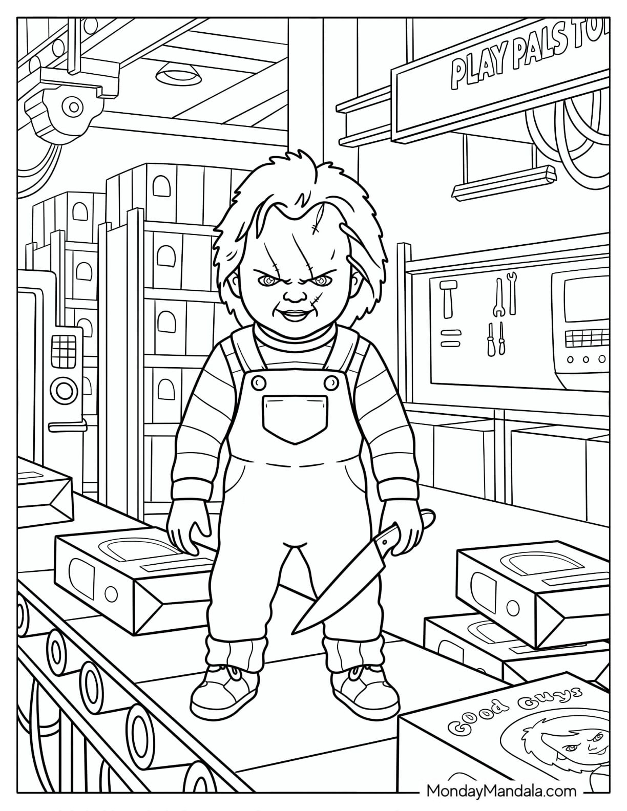 Chucky Coloring Page in a Toy Factory