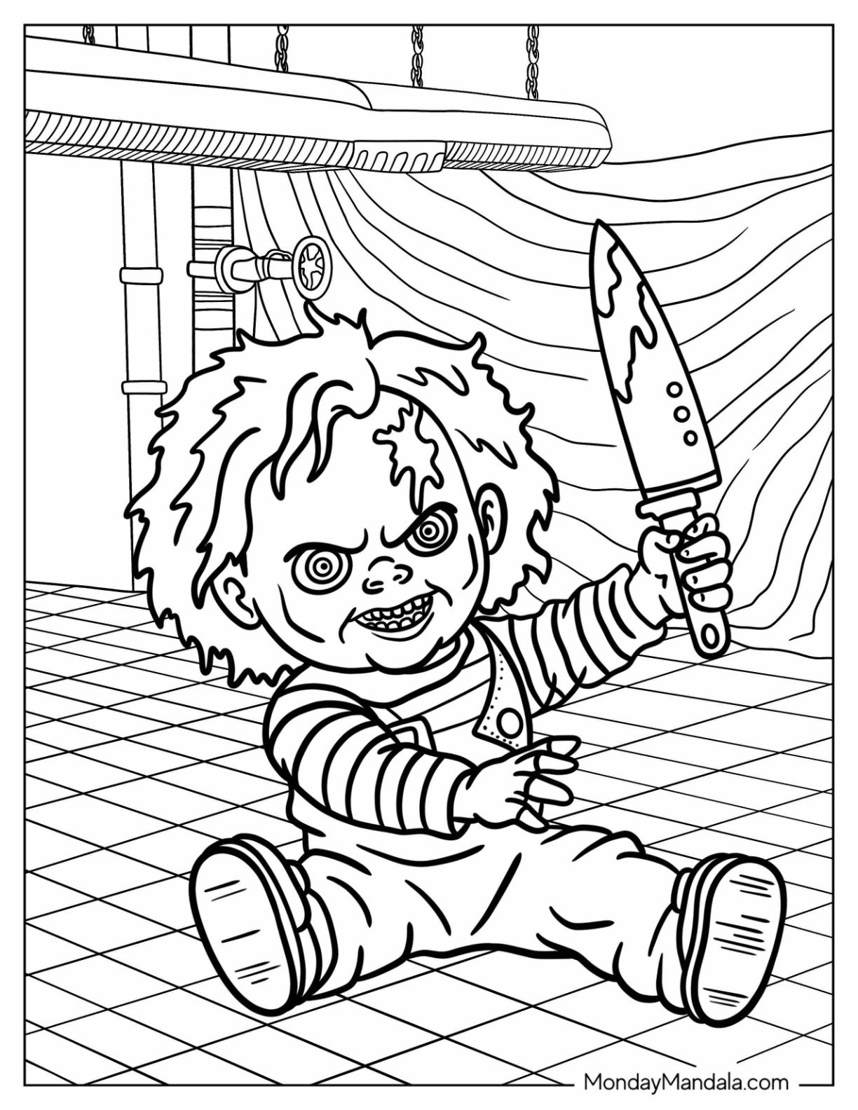 Horror Coloring Page of Chucky the Killer Doll with Bloody Knife Horror