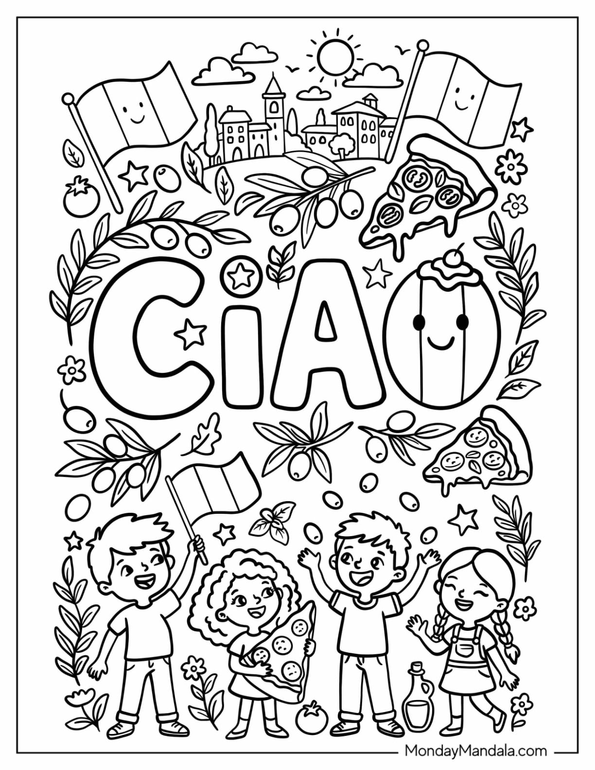 Italy Coloring Page of Ciao Italy Poster with Kids Pizza and Italian Flags