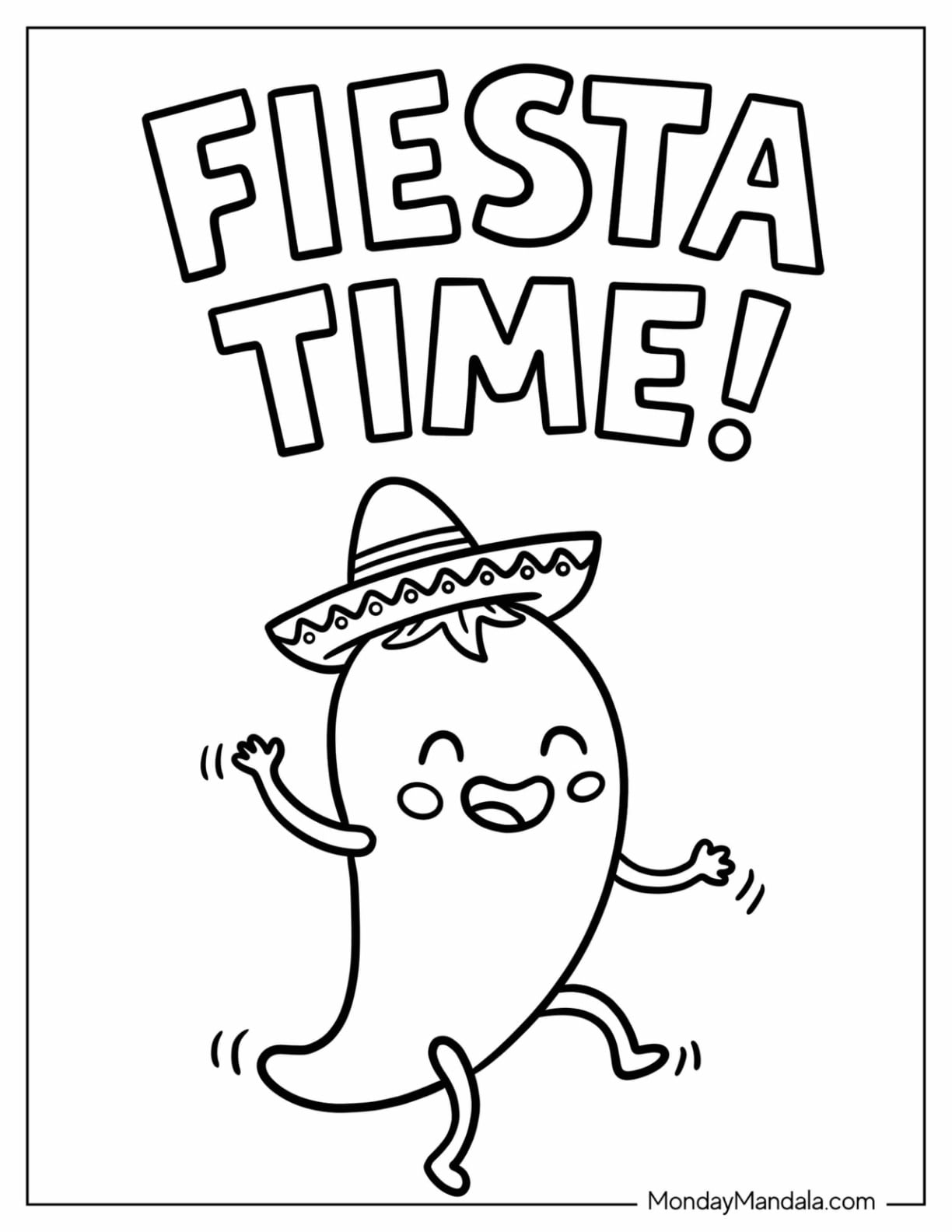 Cinco De Mayo Fiesta Time Dancing Chili Pepper Coloring Sheet for Preschoolers