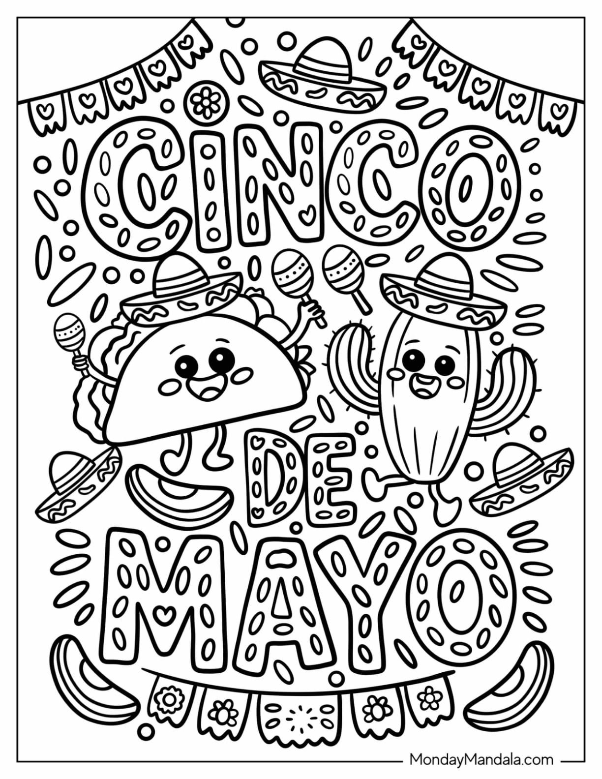 Cinco de Mayo Taco and Cactus Fiesta Coloring Sheet