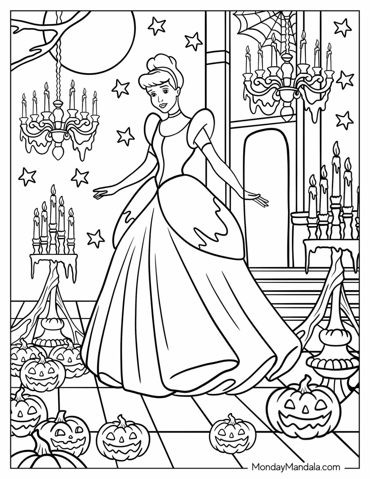 Disney Halloween Coloring Page of Cinderella in a Ballroom with Candelabra, Cobwebs, and Jack O Lanterns