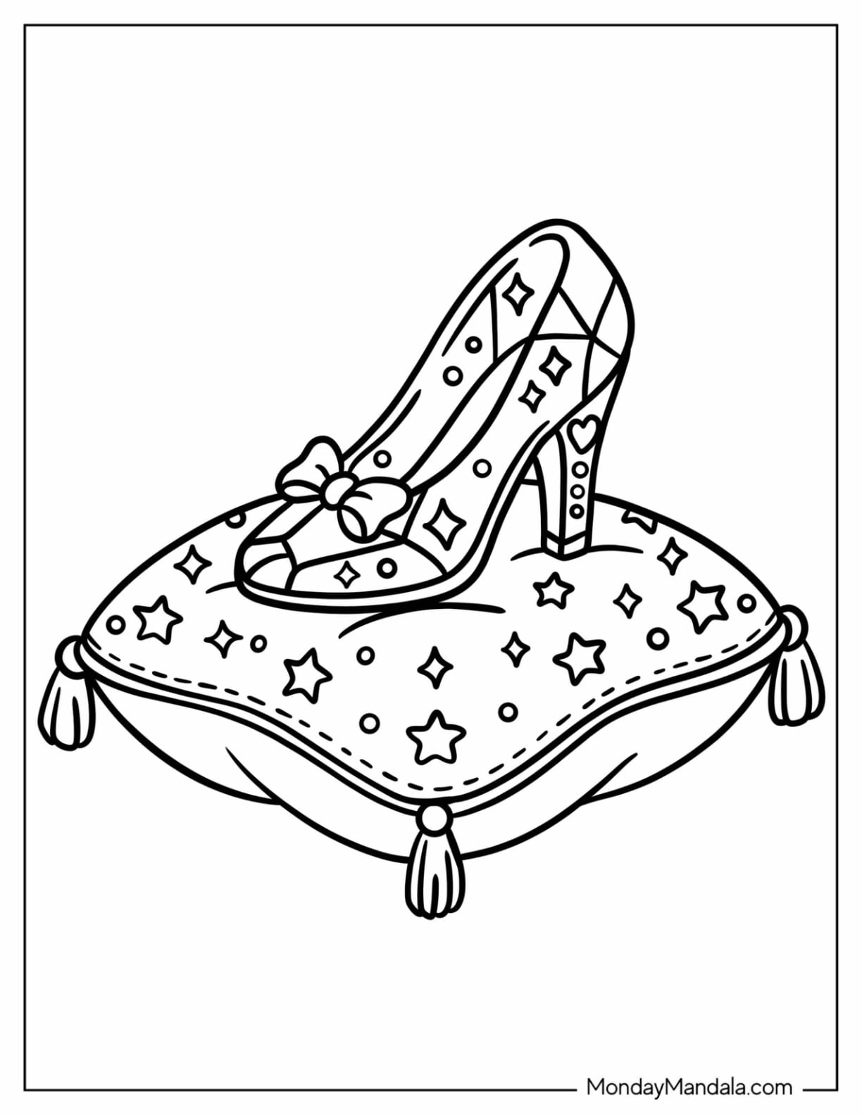 Cinderella’s Glass Slipper on a Starry Cushion Coloring Page for Kids