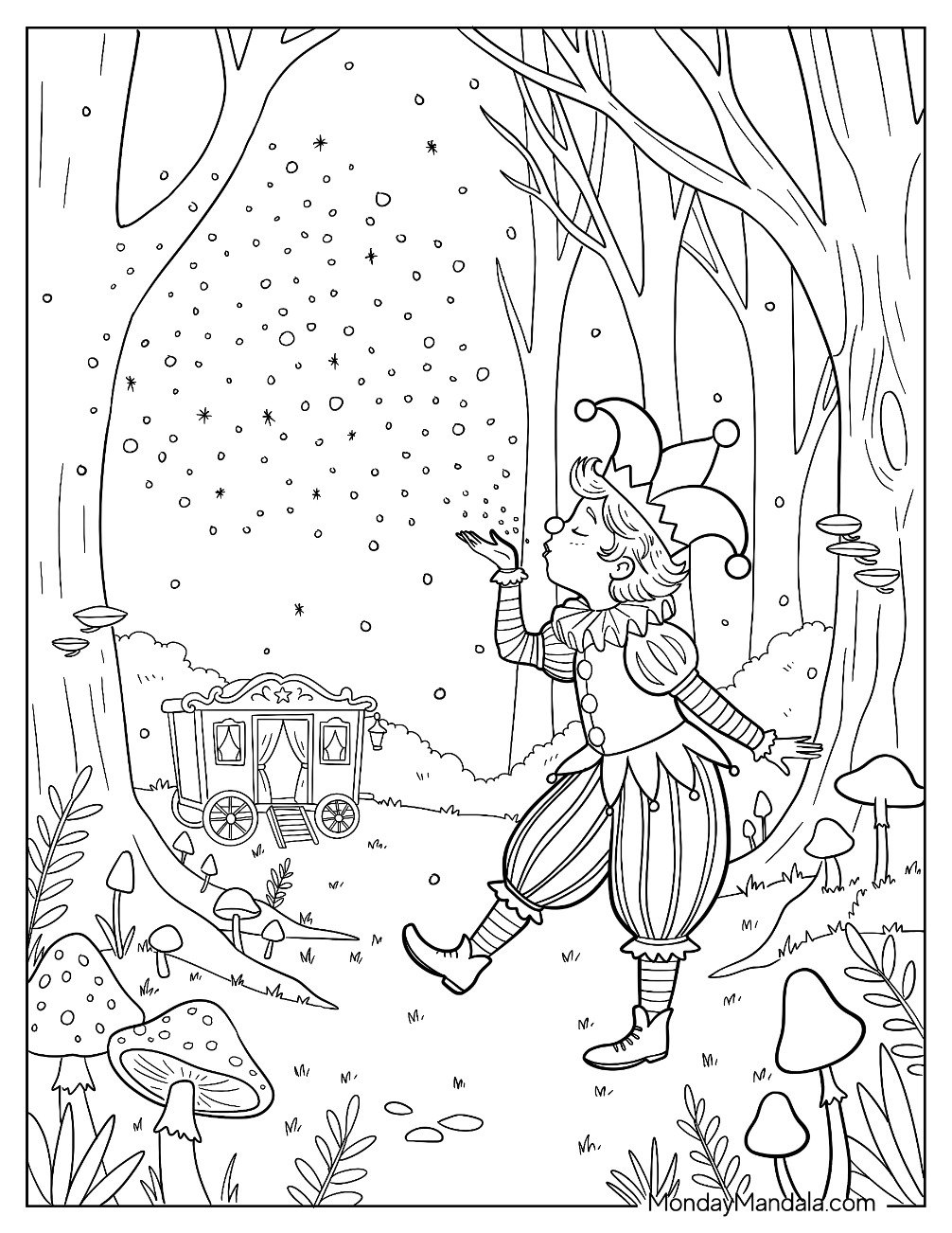 Circus & Carnival Coloring Page of Jester Dancing Through A Magical Forest