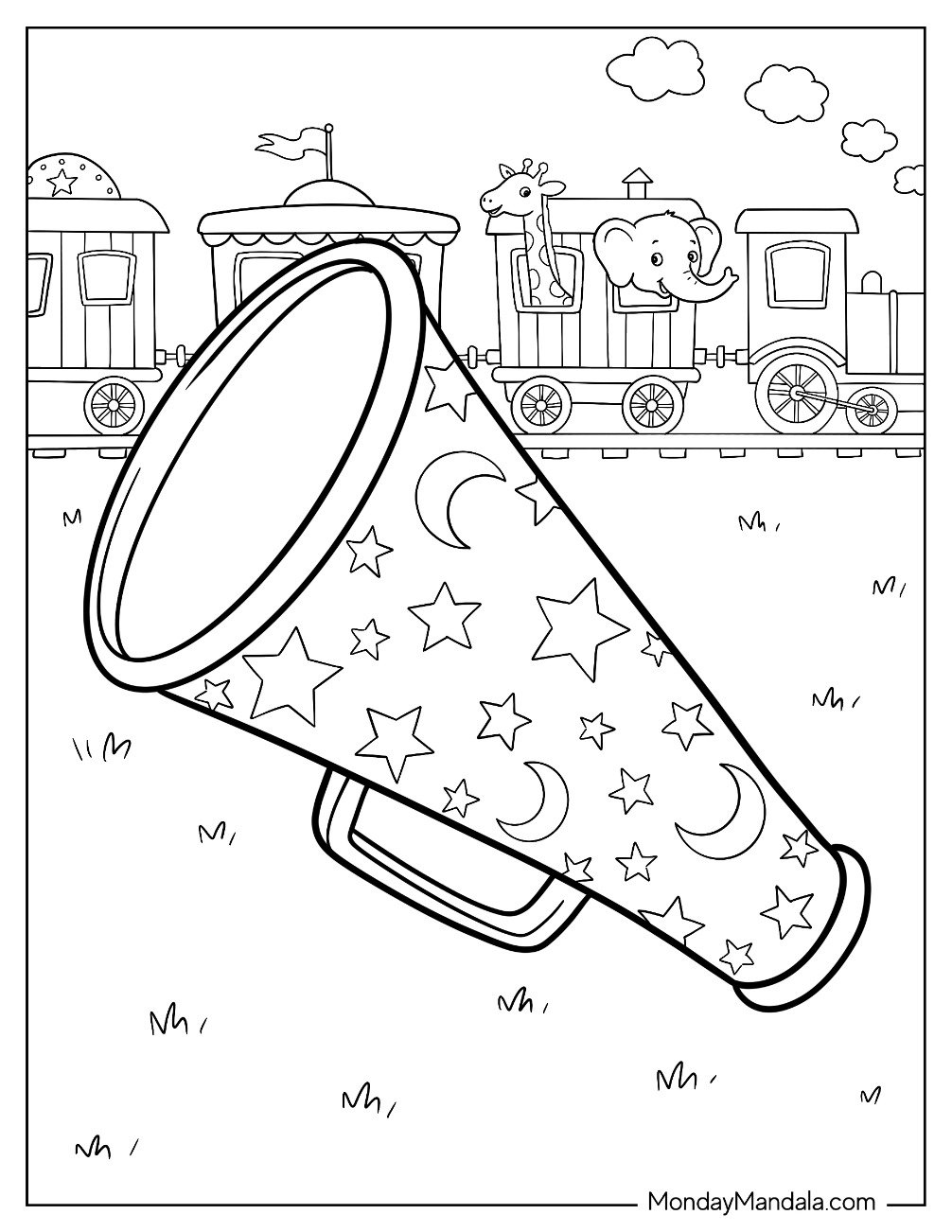 Circus & Carnival Coloring Page of Megaphone With Stars in front of Train with Animals