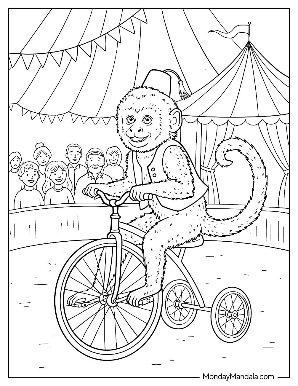 Circus & Carnival Coloring Page of Monkey Riding A Tricycle In The Big Top