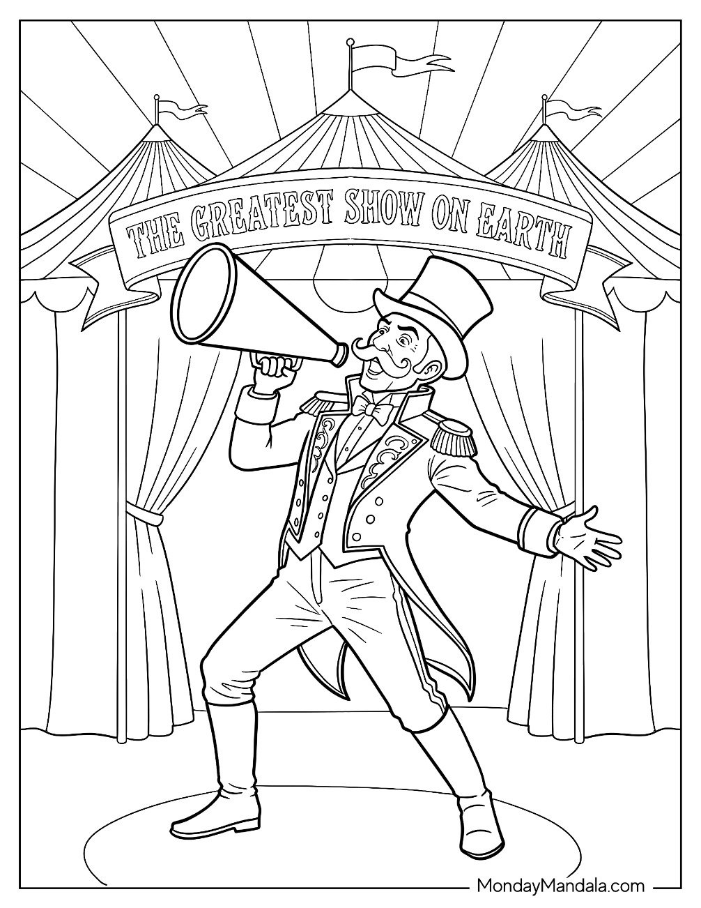 Circus & Carnival Coloring Page of Ringmaster Announcing The Greatest Show On Earth