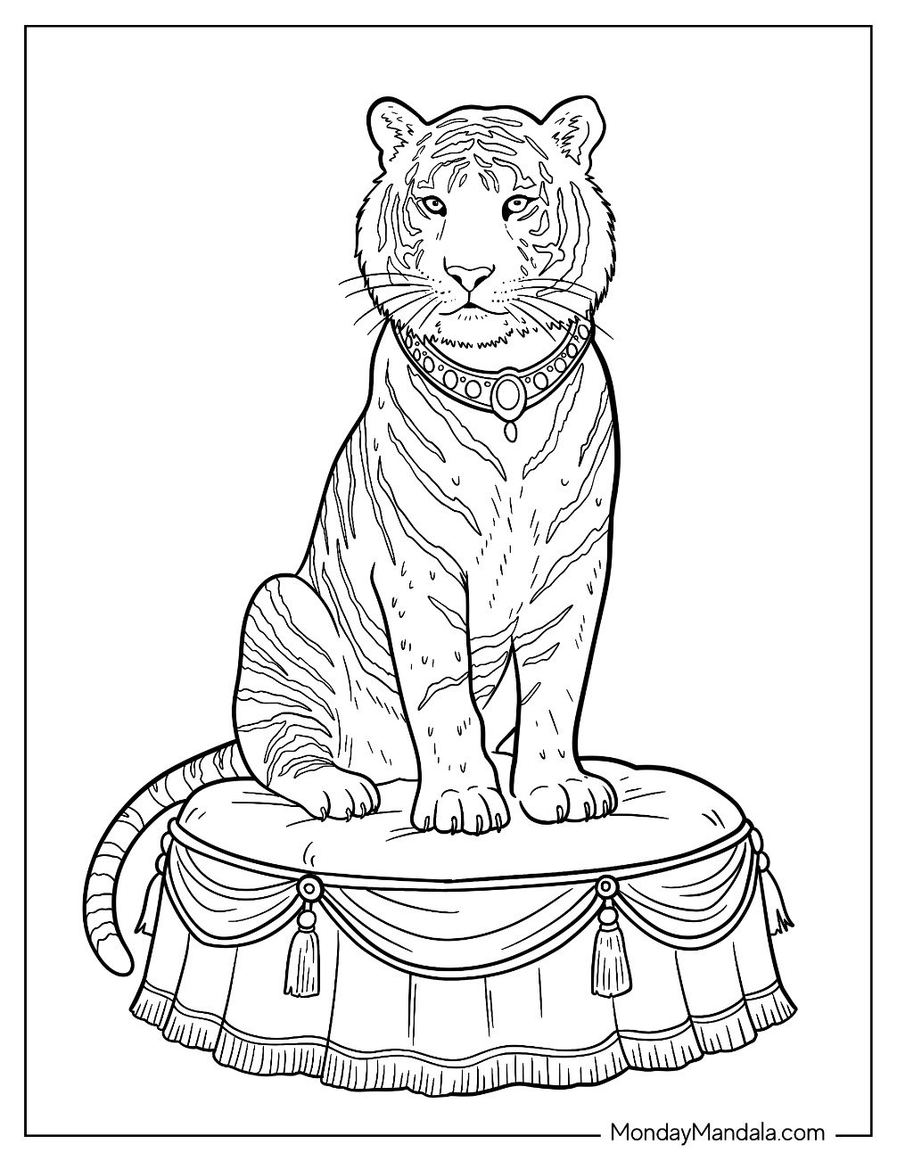 Circus & Carnival Coloring Page of Tiger Sitting Proudly On A Performance Pedestal