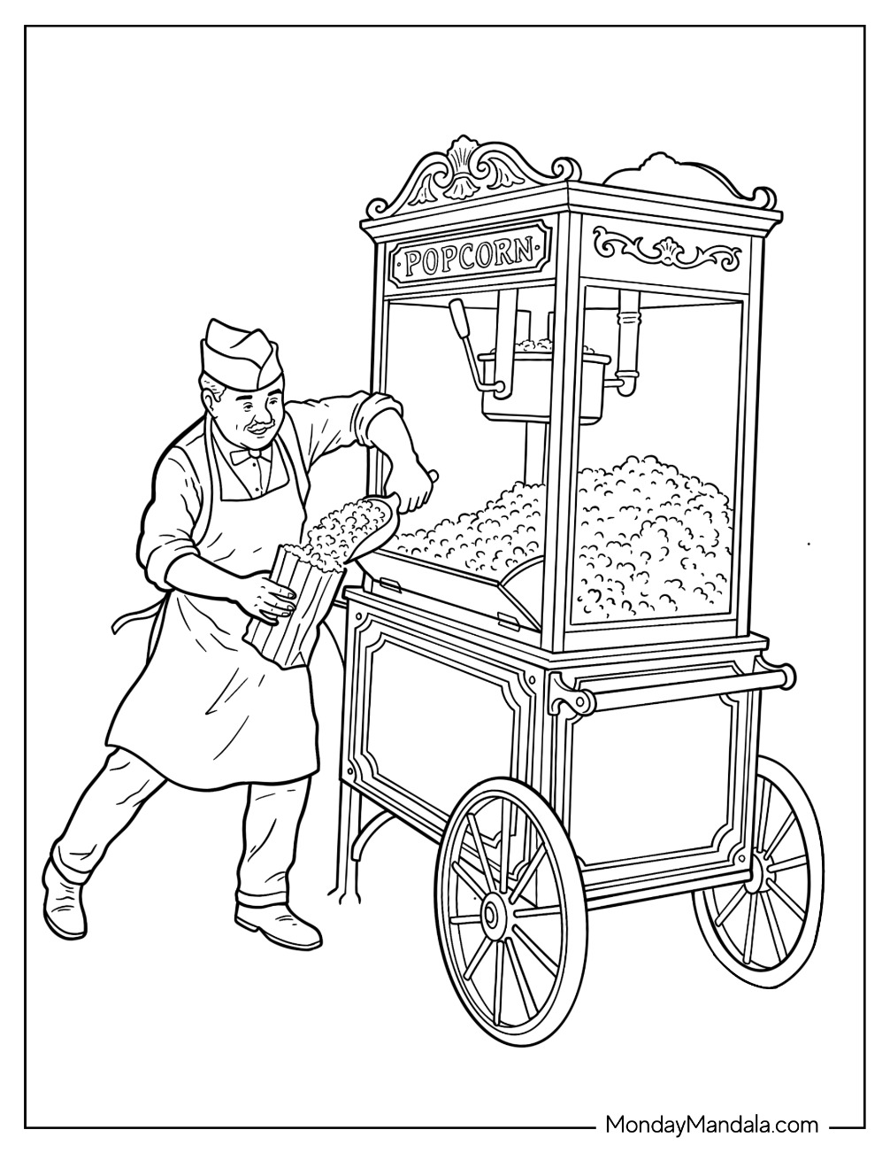 Circus & Carnival Coloring Page of Vendor Scooping Fresh Popcorn