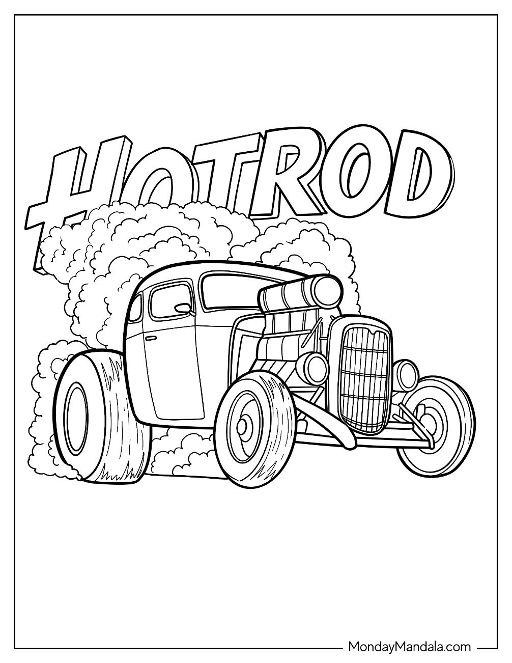 Classic 1930s Hot Rod Coloring Page Coupe Burnout for Kids