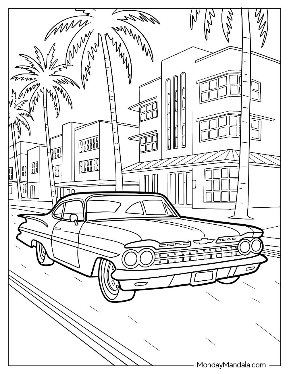 Classic 1959 Chevy Impala Hot Rod Coloring Page on Palm Lined Street