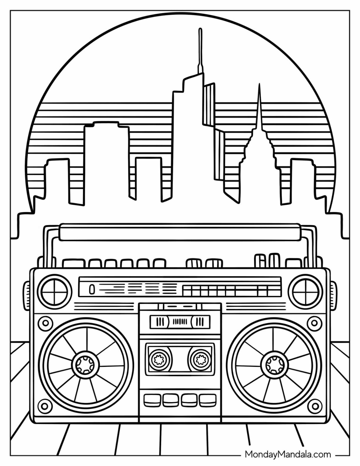 Classic 80's Coloring Page of Boombox with Urban Sunset