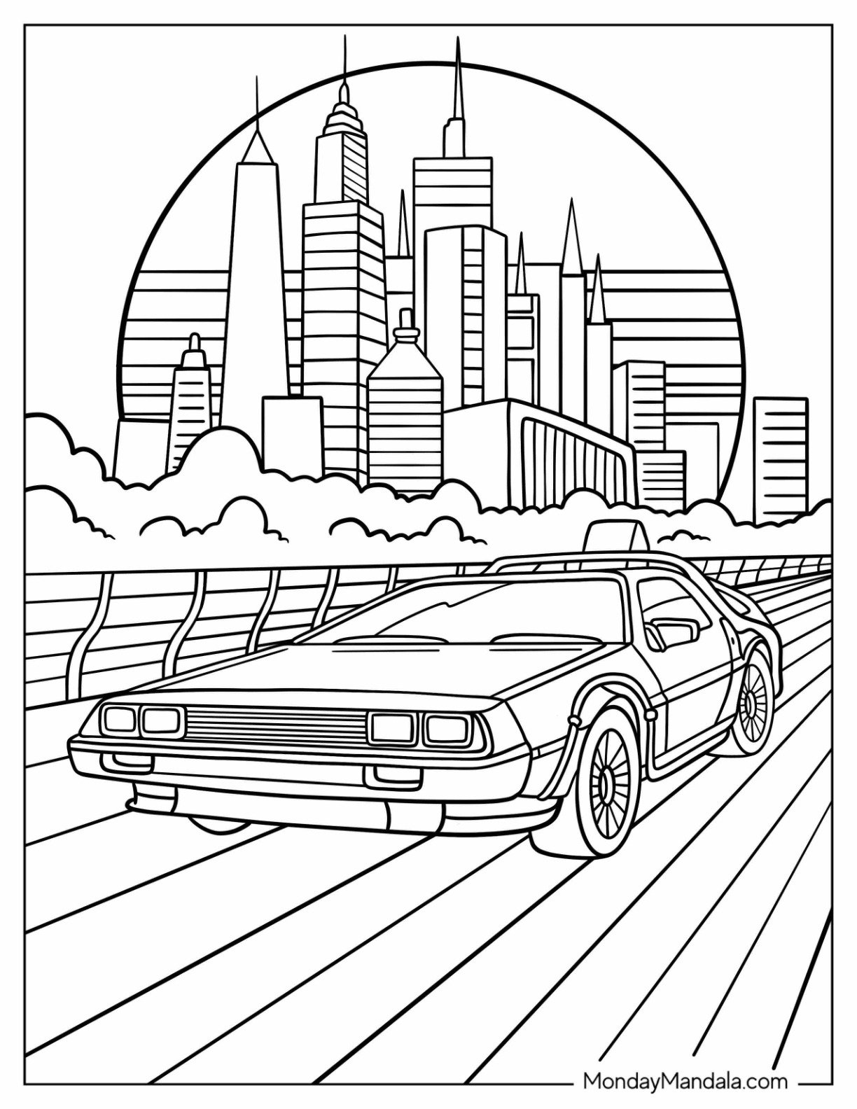 Classic 80's Coloring Page of Sports Car and Urban Landscape Coloring Sheet