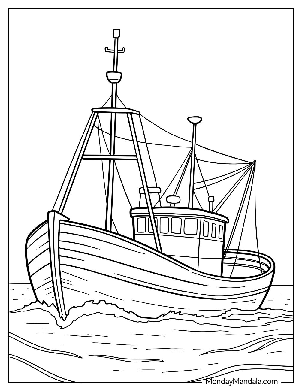 Boat & Ship Coloring Page of Classic Fishing Vessel at Work in the Open Water