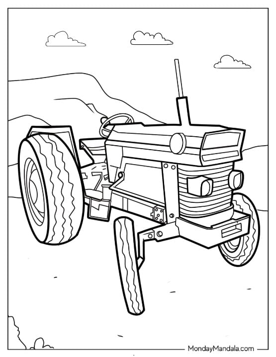 Classic Front Facing Tractor Coloring Page on Dirt Path