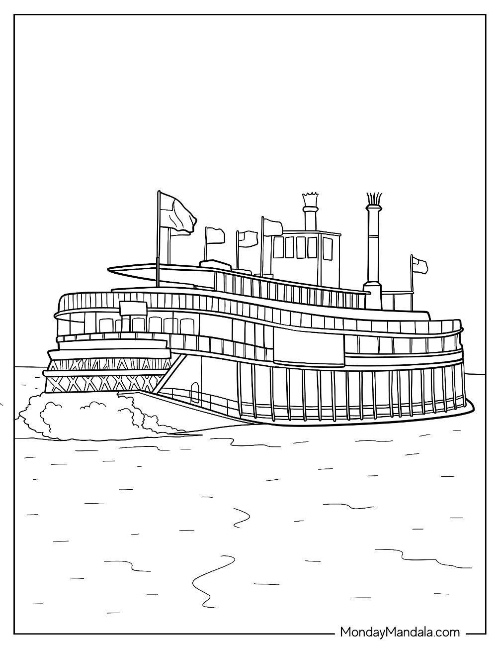 Classic Paddle Steamboat with Flags Sailing Across the River Coloring Sheet