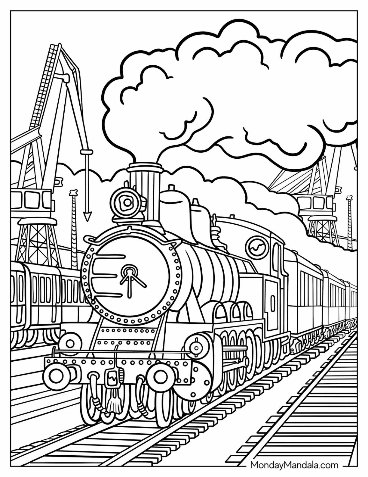 Train Coloring Page of Classic Steam Engine at the Train Yard