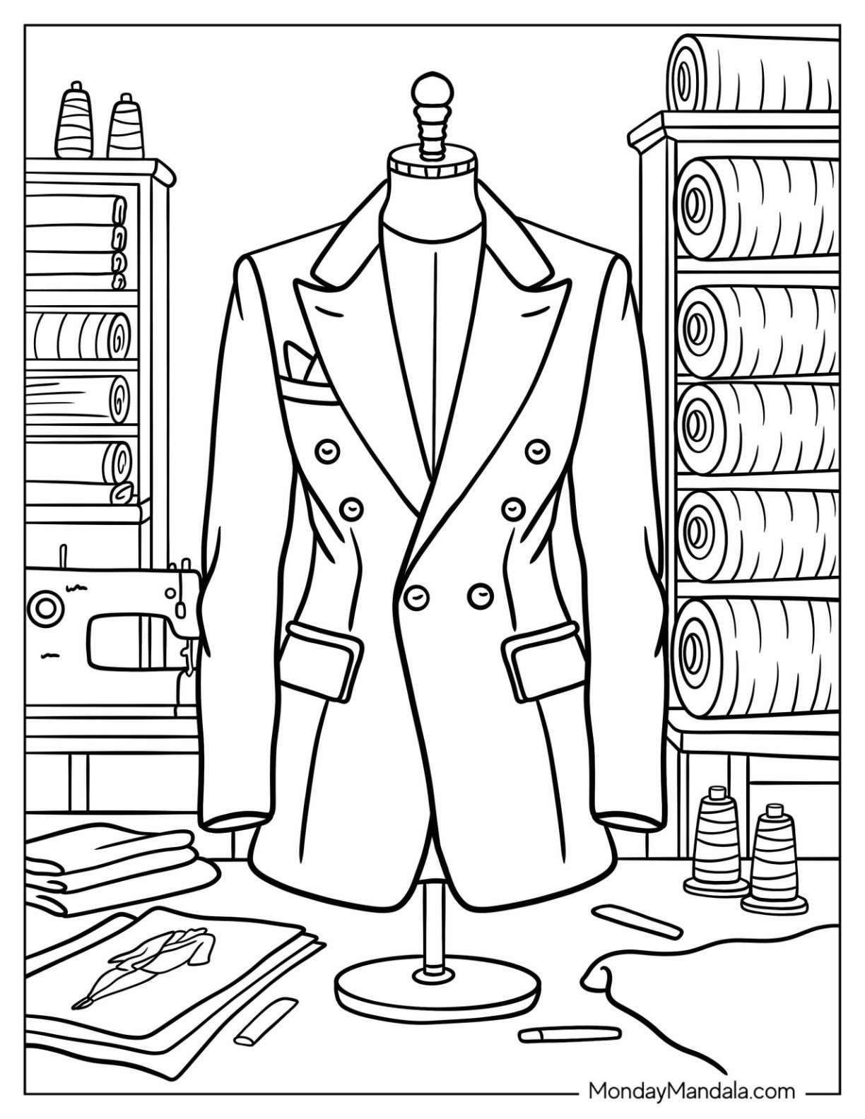 Classic Tailored Blazer on a Mannequin Surrounded by Sewing Tools and Fabrics Fashion Coloring Page