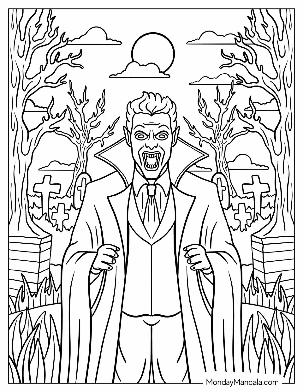 Horror Coloring Page of Classic Vampire with Fangs in Creepy Graveyard