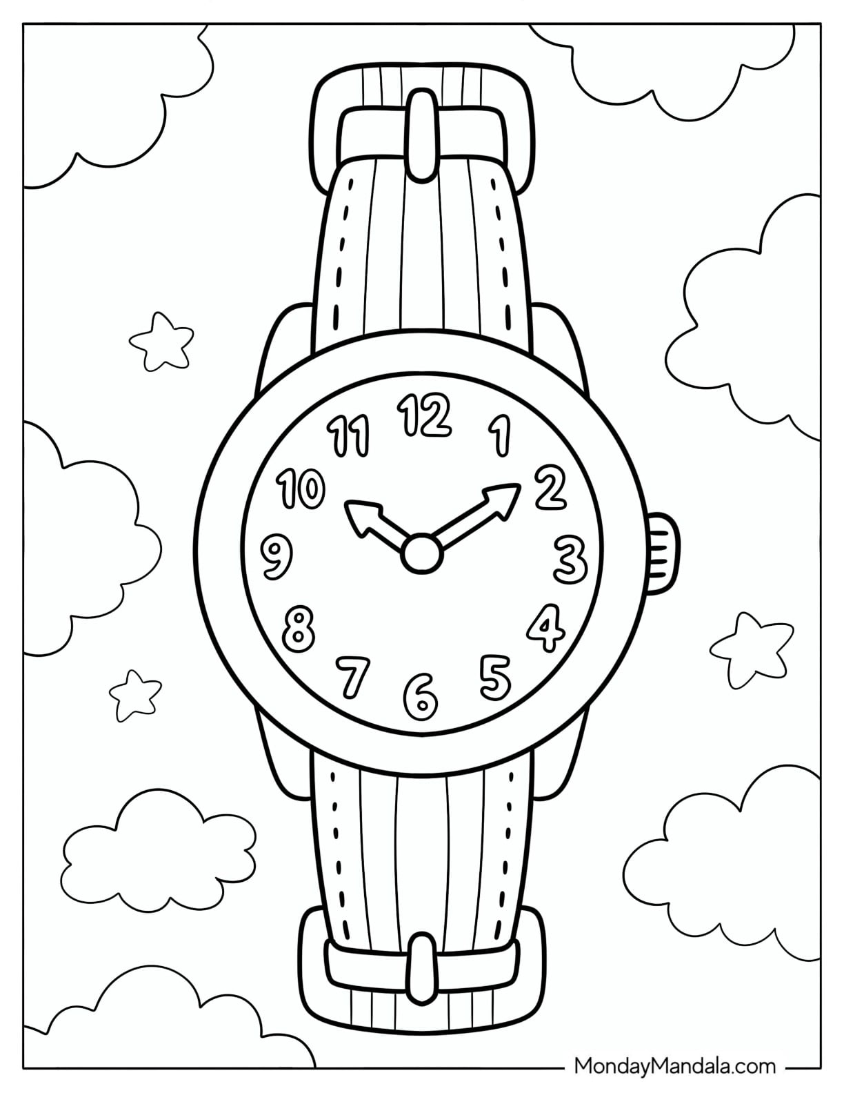 Classic Wristwatch Surrounded by Clouds and Stars Coloring Page