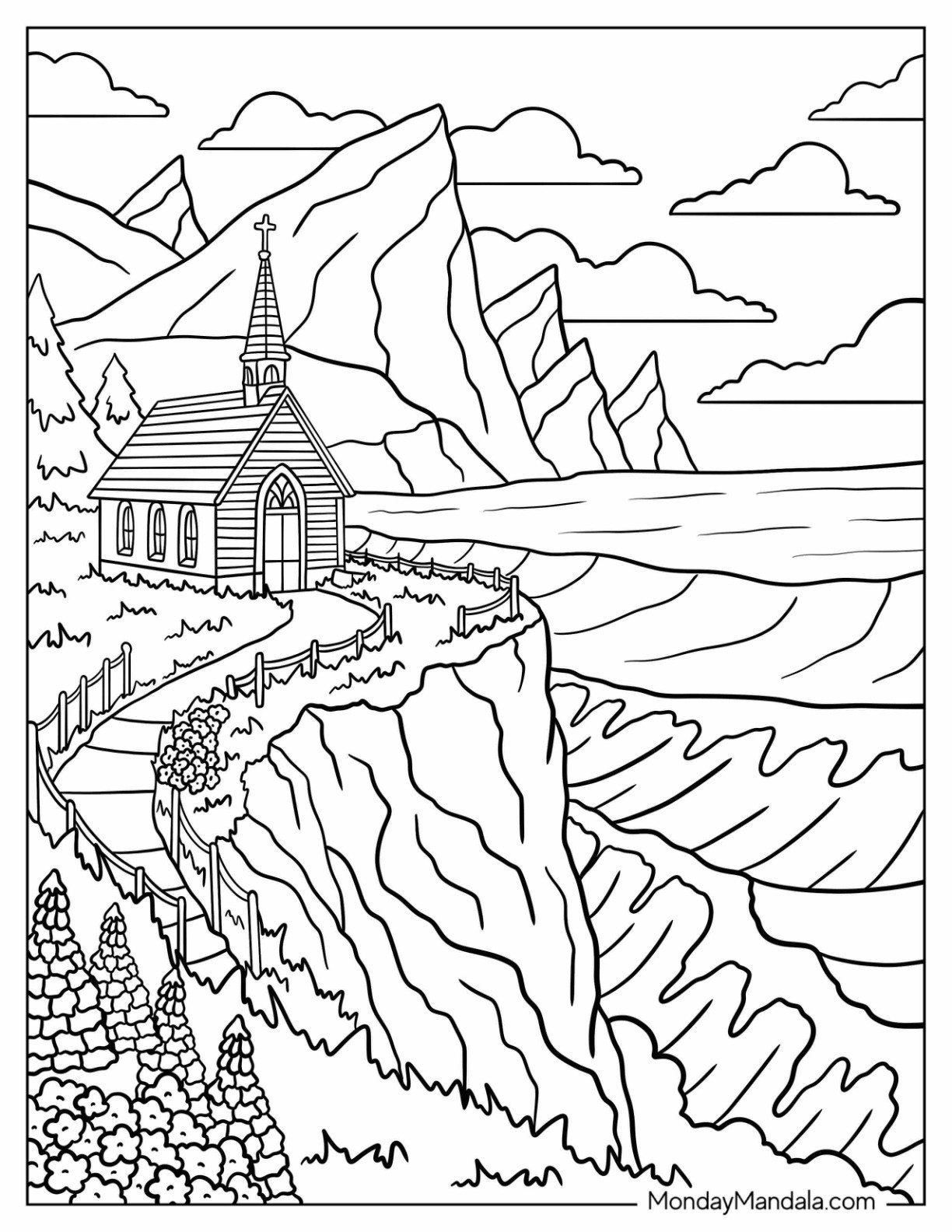 Cliffside Church Coloring Page Overlooking Mountains and Ocean for Kids