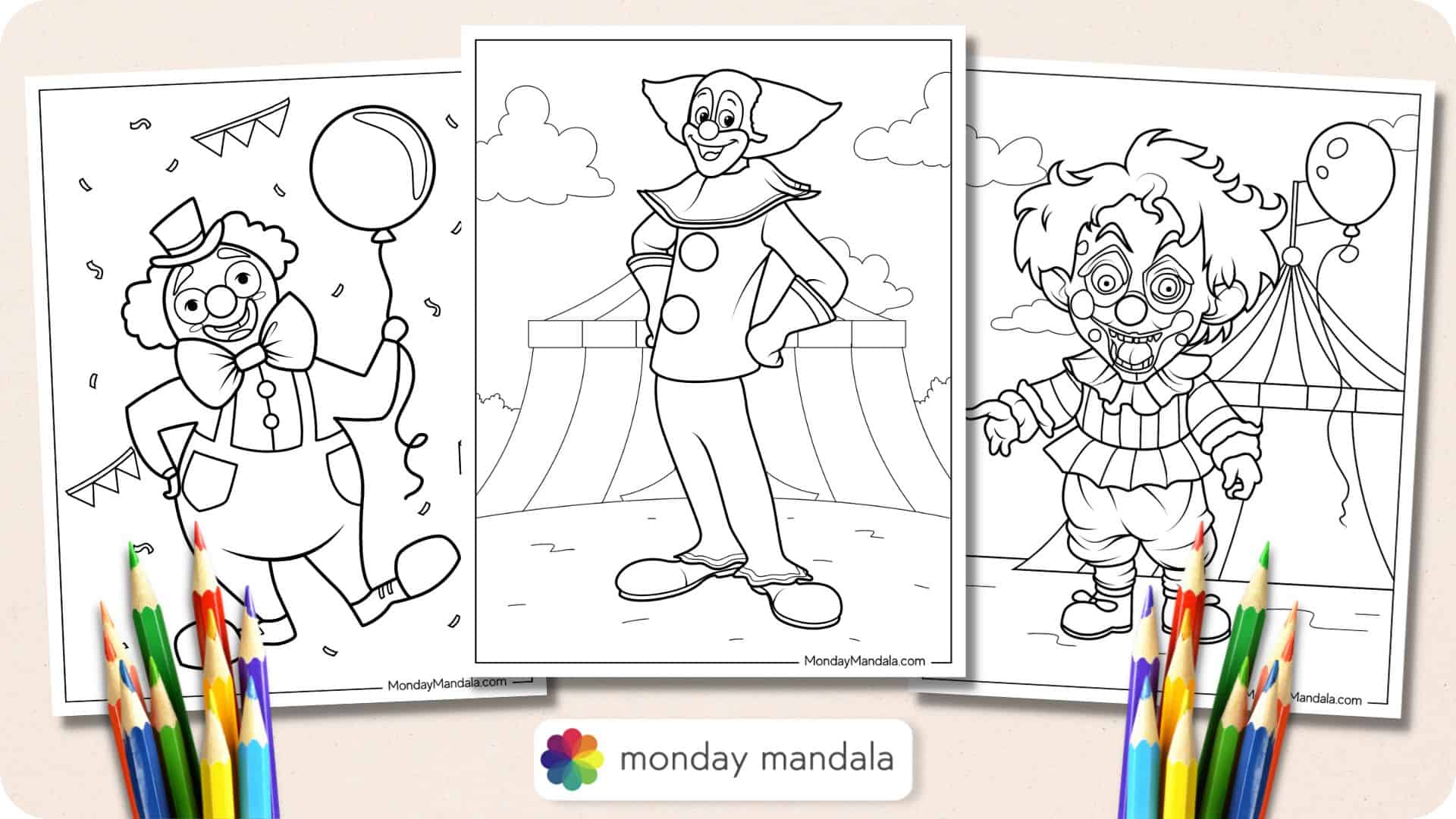 free clown with balloons coloring pages