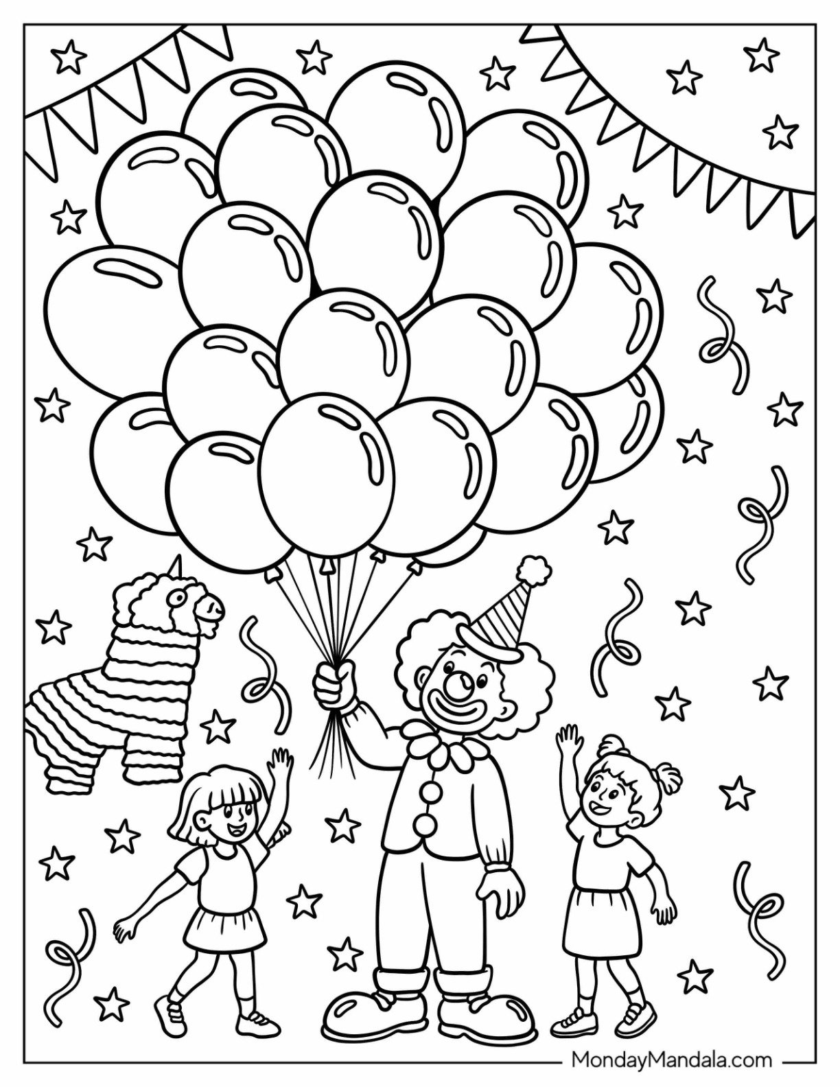 Clown Coloring Page Holding Massive Balloons For Two Little Girls