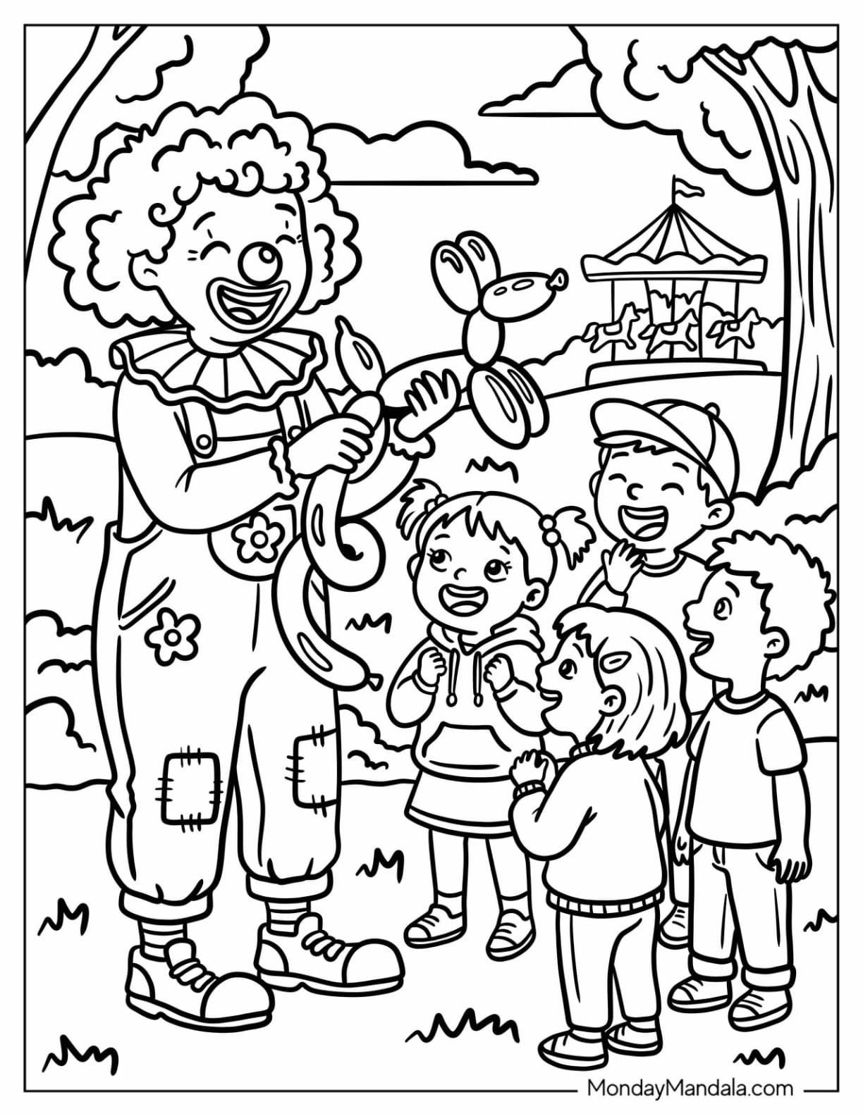 Clown Making a Balloon Dog for Kids Coloring Page