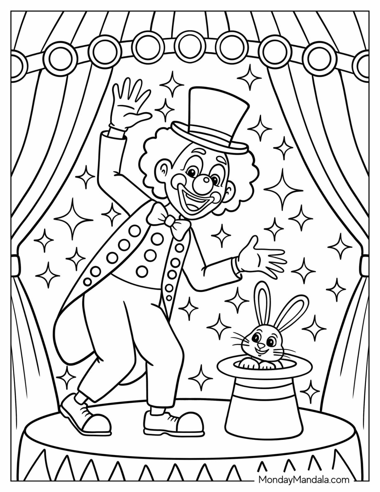 Clown Coloring Page On Stage With A Rabbit In A Hat