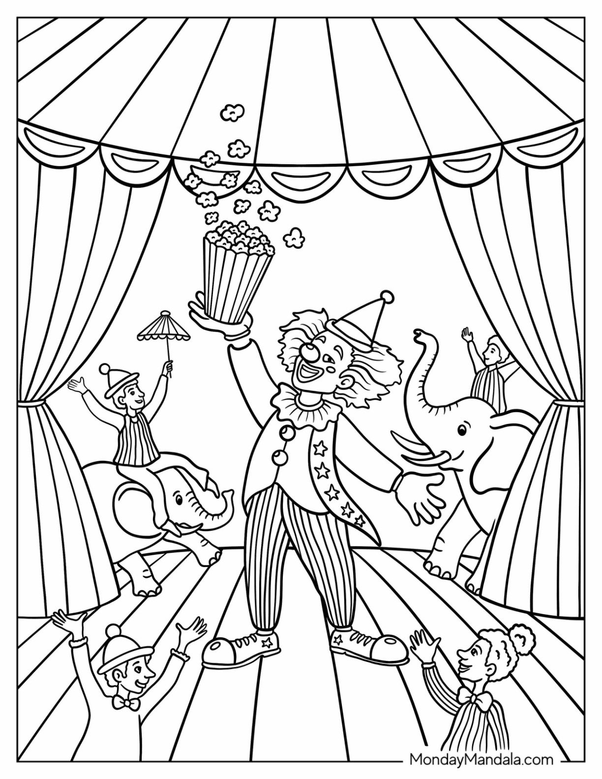 Clown Coloring Page Tossing Popcorn In The Air While Elephants Dance Behind Him And Crowds Cheer