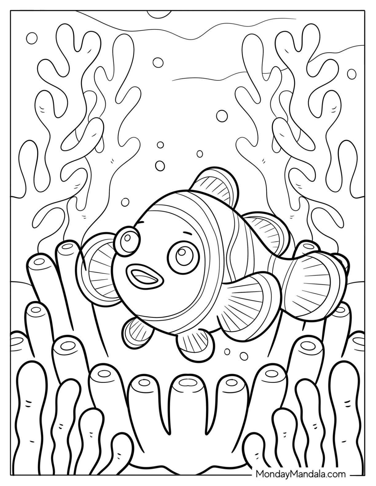 Fish Coloring Page of Clownfish Hiding in Sea Anemones Underwater for Kids