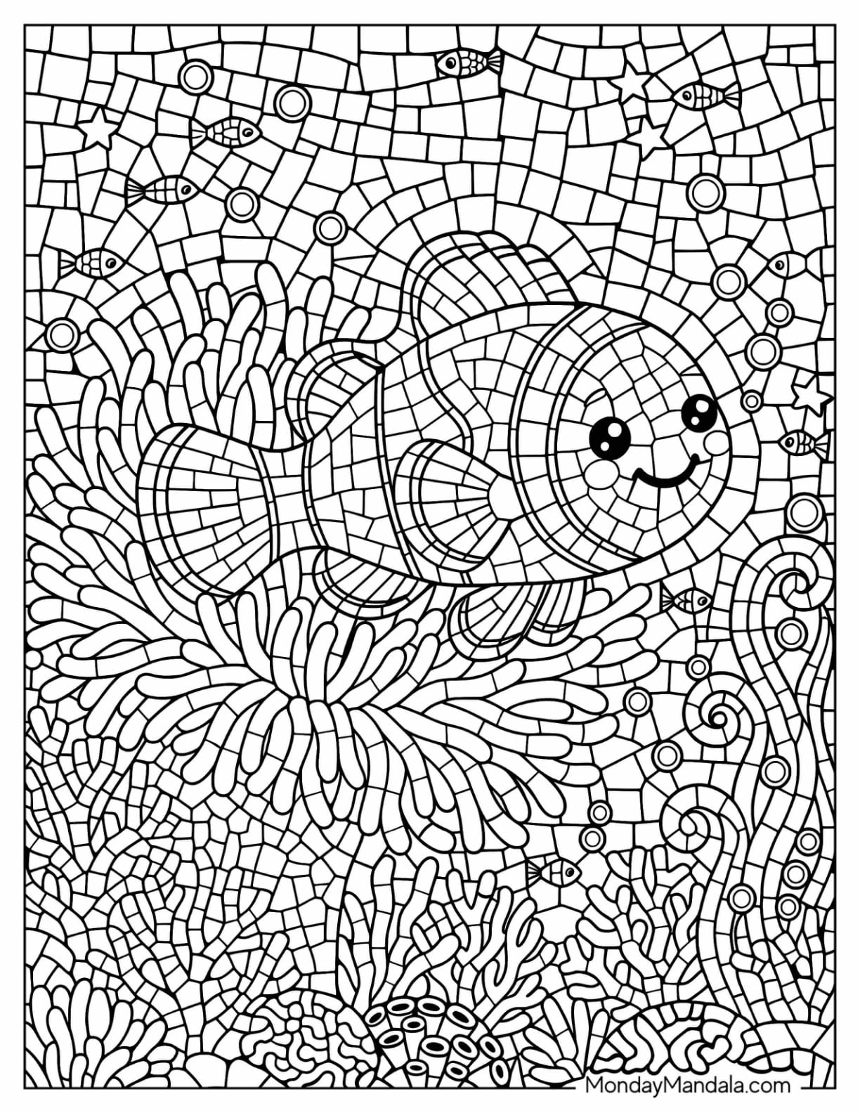 Clownfish Swimming Above a Sea Anemone Mosaic Coloring Page