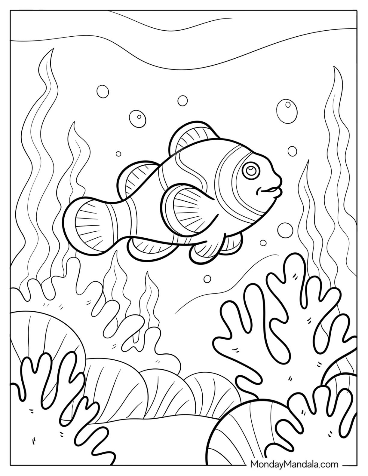 Fish Coloring Page of Clownfish Swimming Through Seaweed and Coral