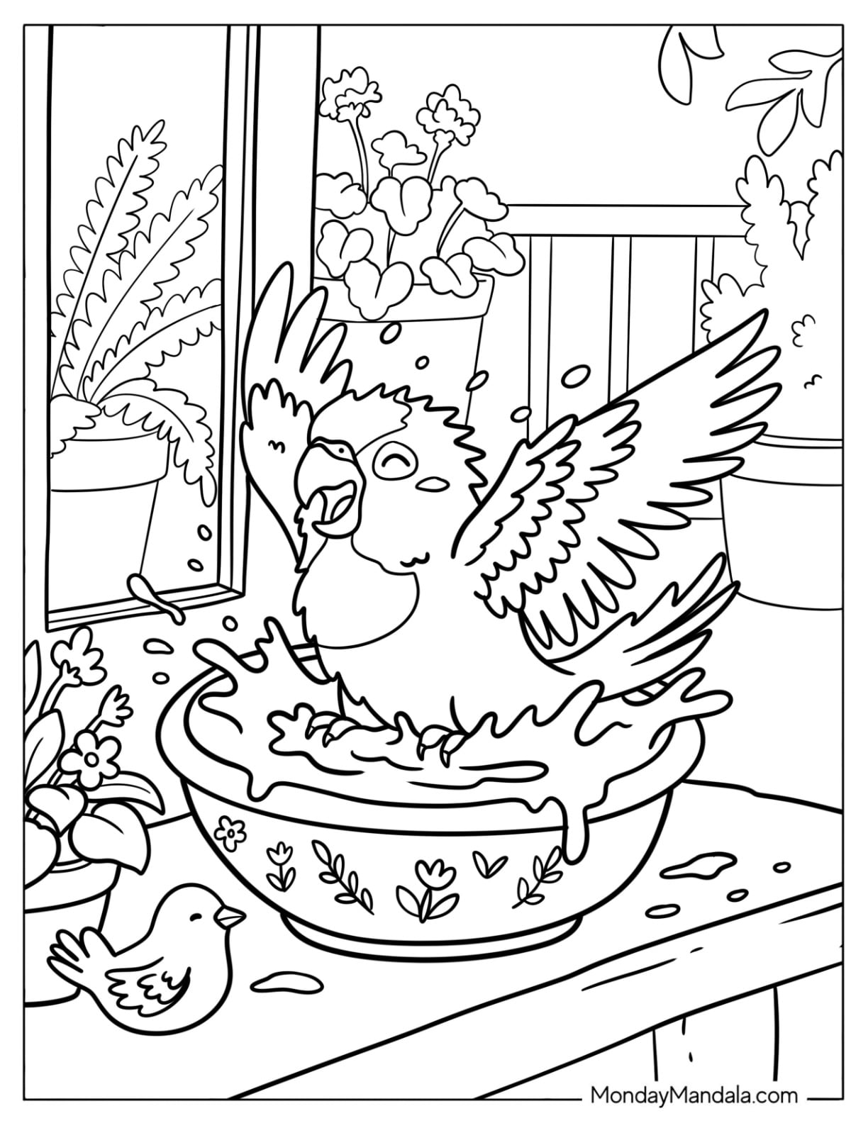 Cockatiel Splashing in a Bird Bath Coloring Sheet