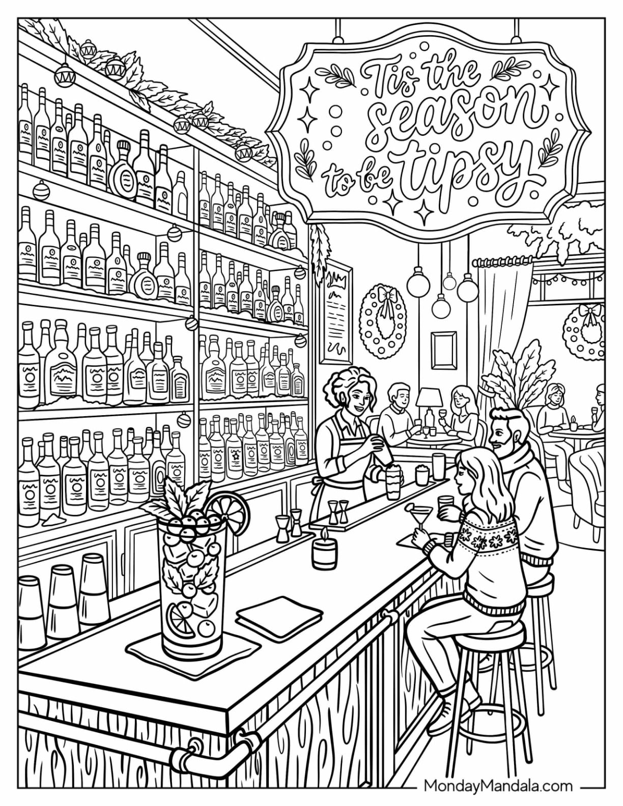 Cocktail Bar with Friends and Holiday Decorations Christmas for Adults Coloring Sheet
