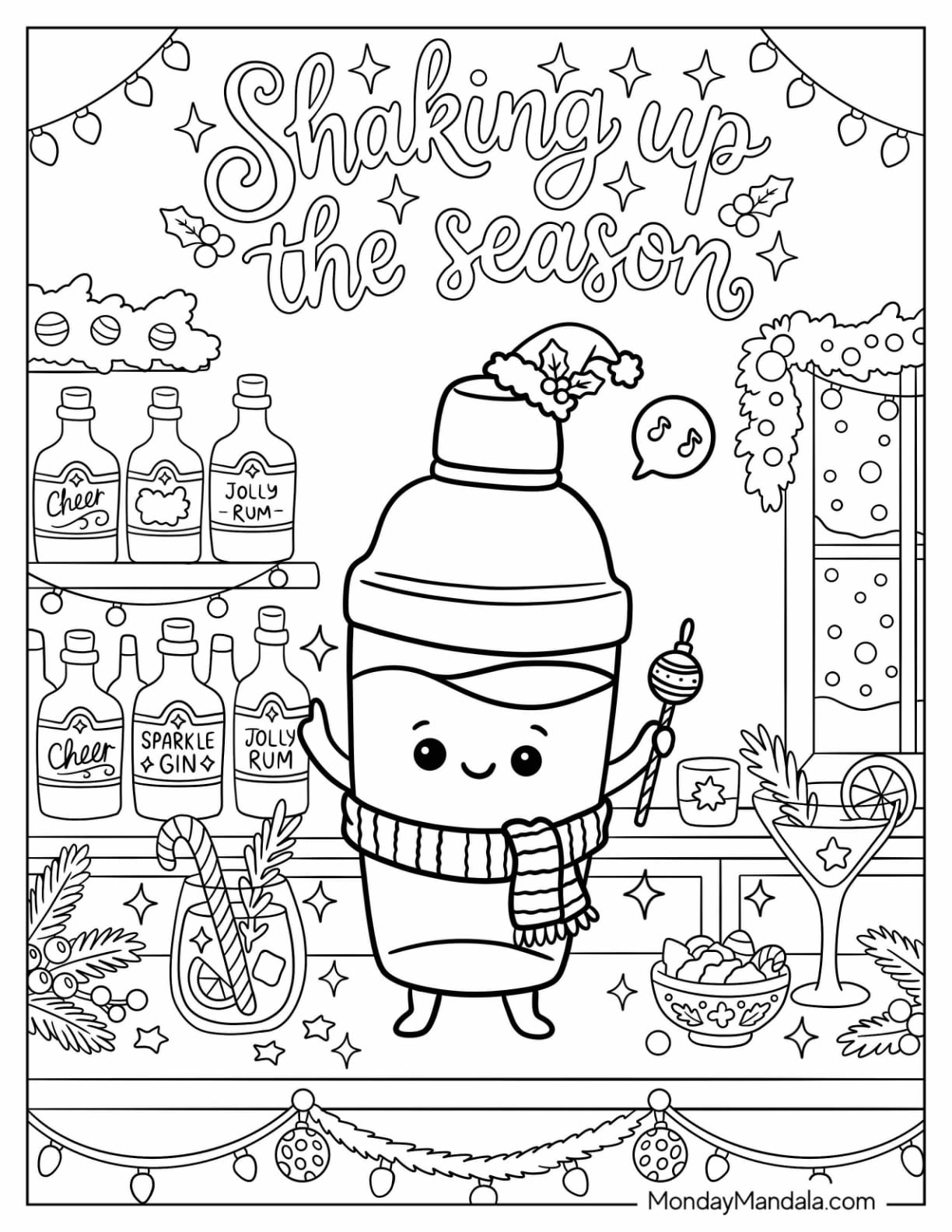 Cocktail Shaker with a Santa Hat and Holiday Cocktail Christmas for Adults Coloring Page