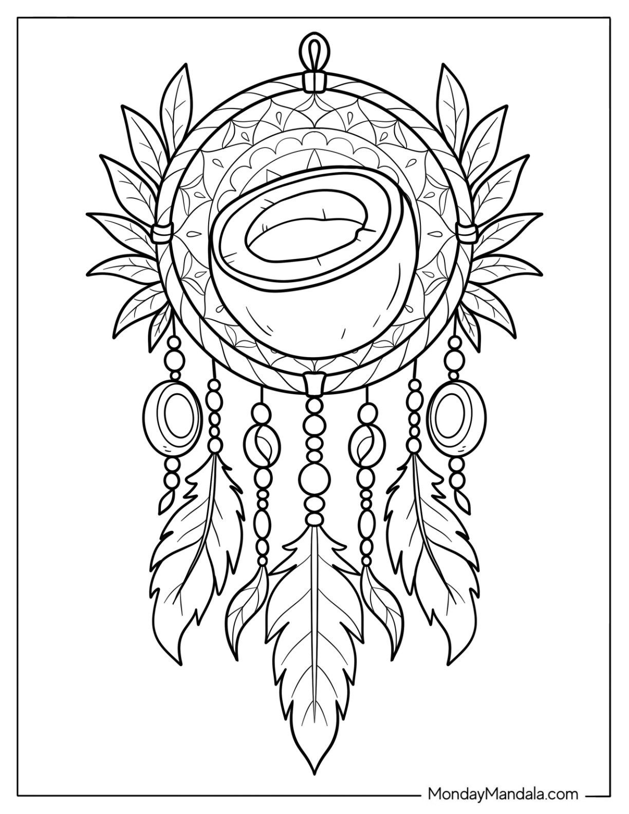 Coconut Dreamcatcher with Feathers, Beads, and Leaves Coloring Page