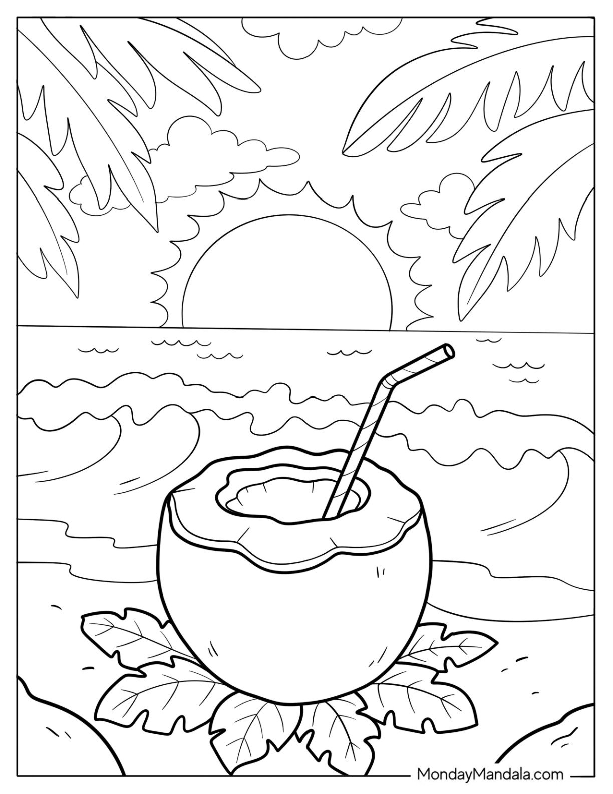 Coconut Drink on Beach with Sunset and Ocean Waves Coloring Page