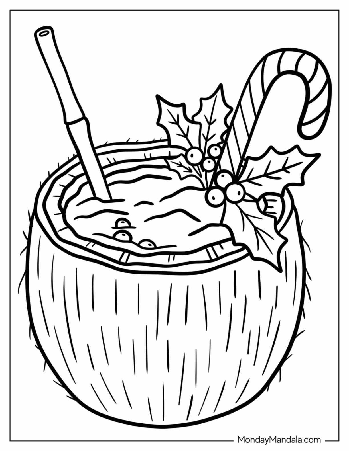 Christmas in July Coloring Page of Coconut Drink with Candy Cane and Holly