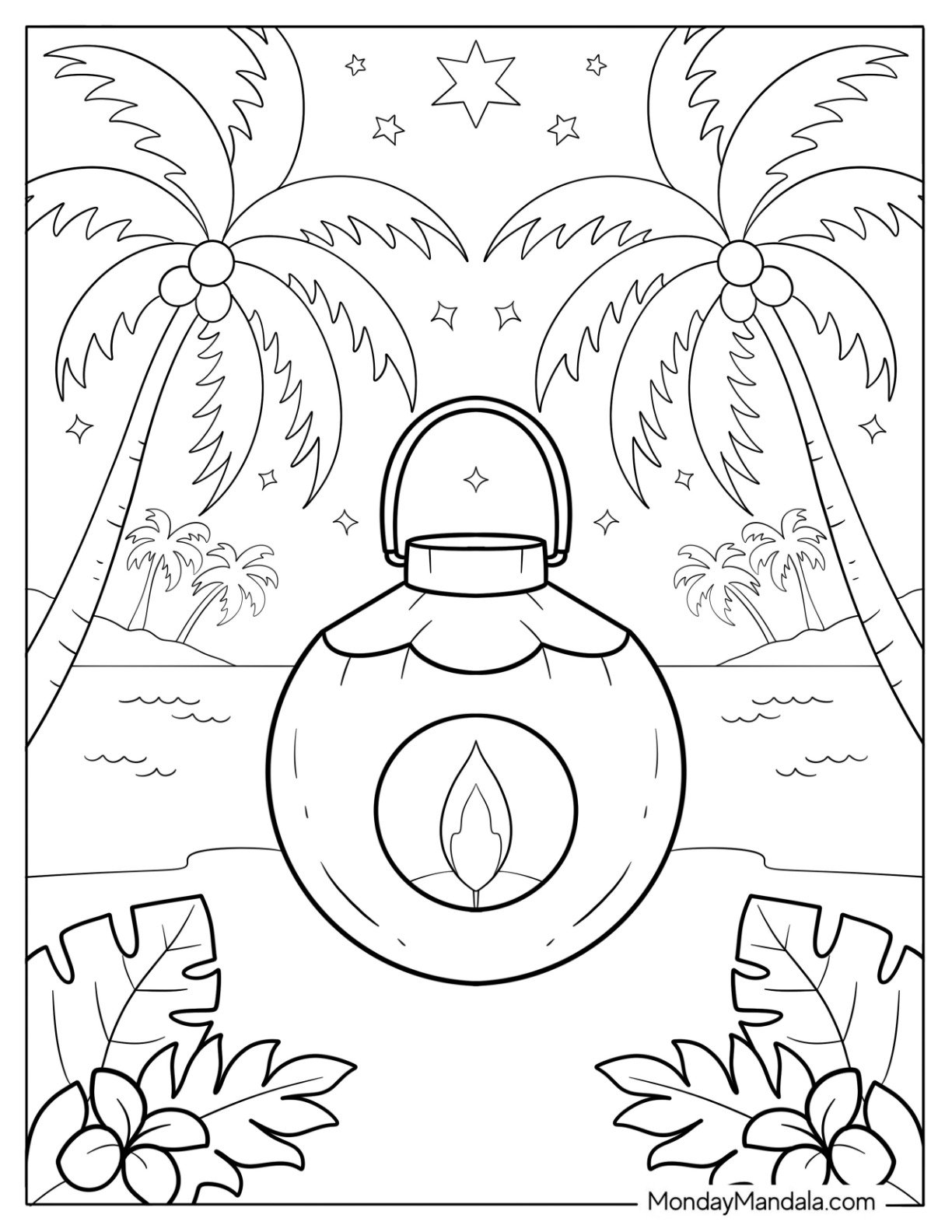 Coconut Lantern On Tropical Beach Coloring Page