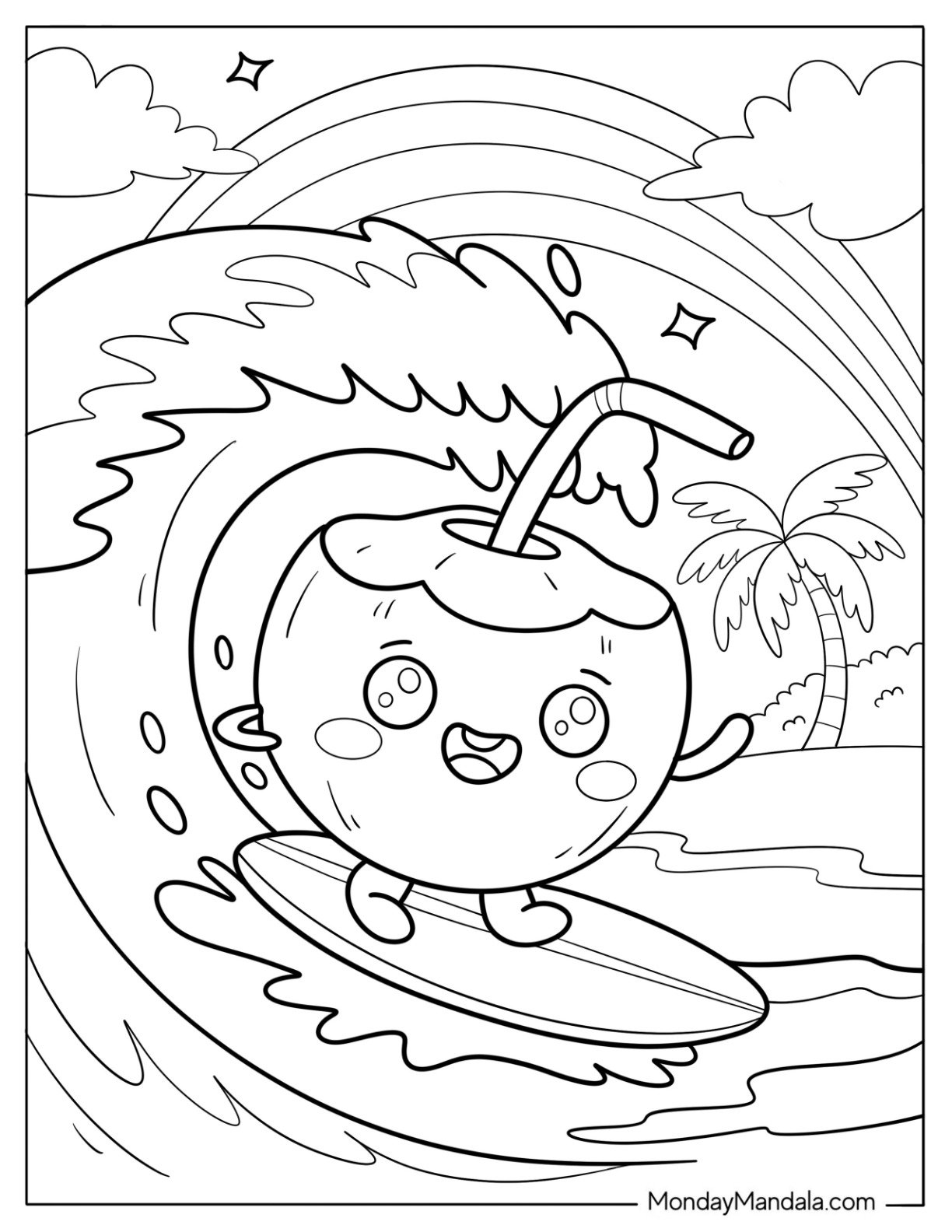 Coconut Surfer Riding a Tall Wave Coloring Page for Kids