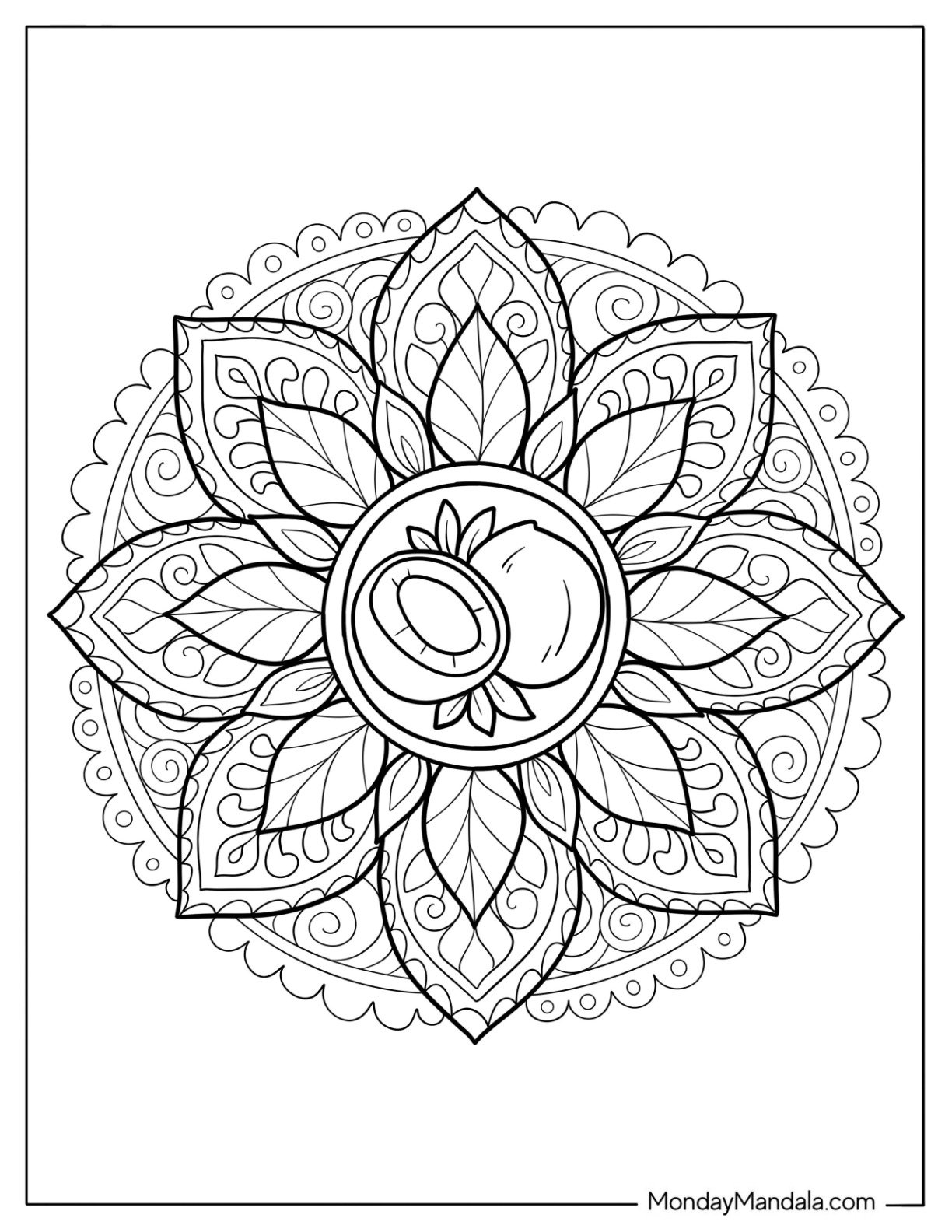 Coconut Themed Mandala with Tropical Leaves and Swirling Petals