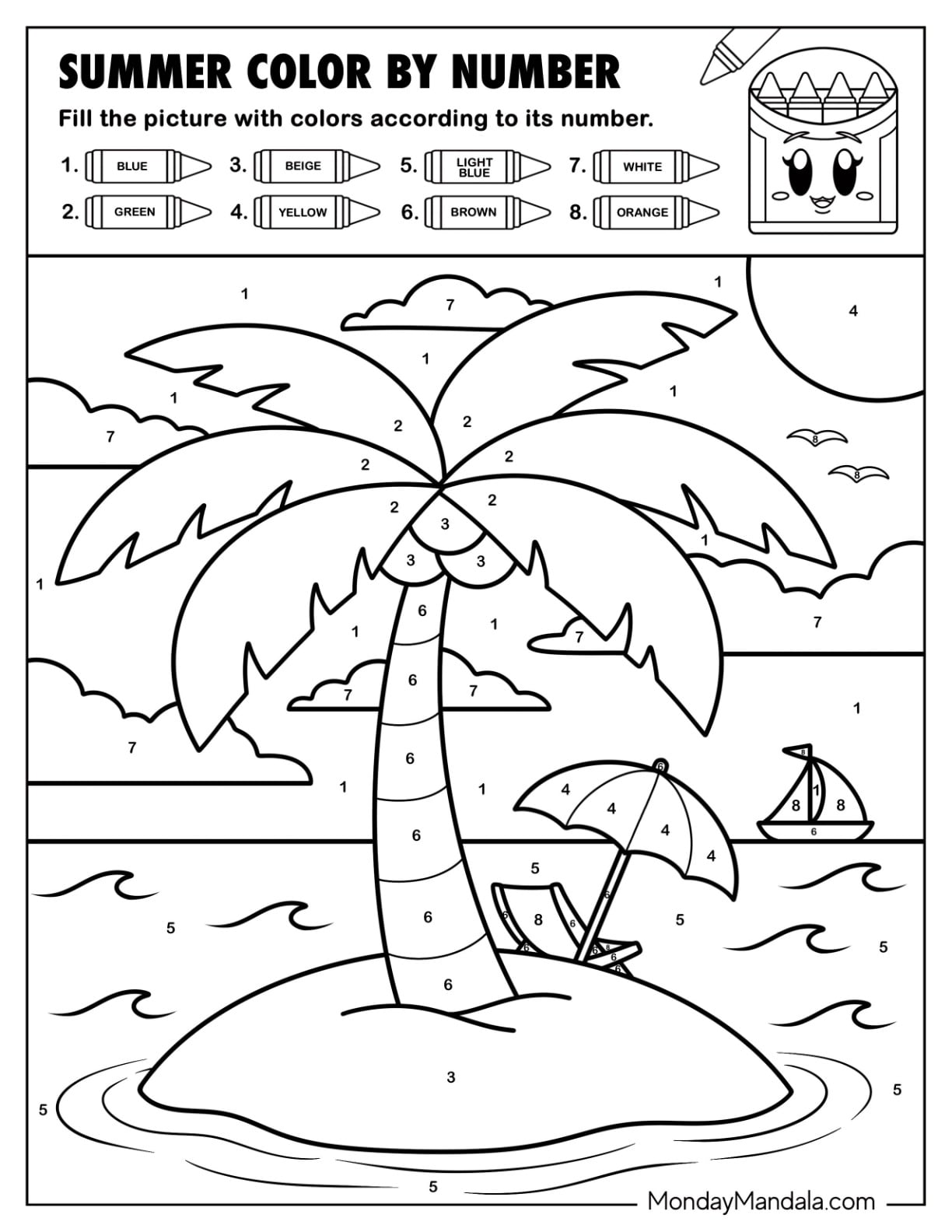 Coconut Tree on an Island in Summer Color by Number for Kids