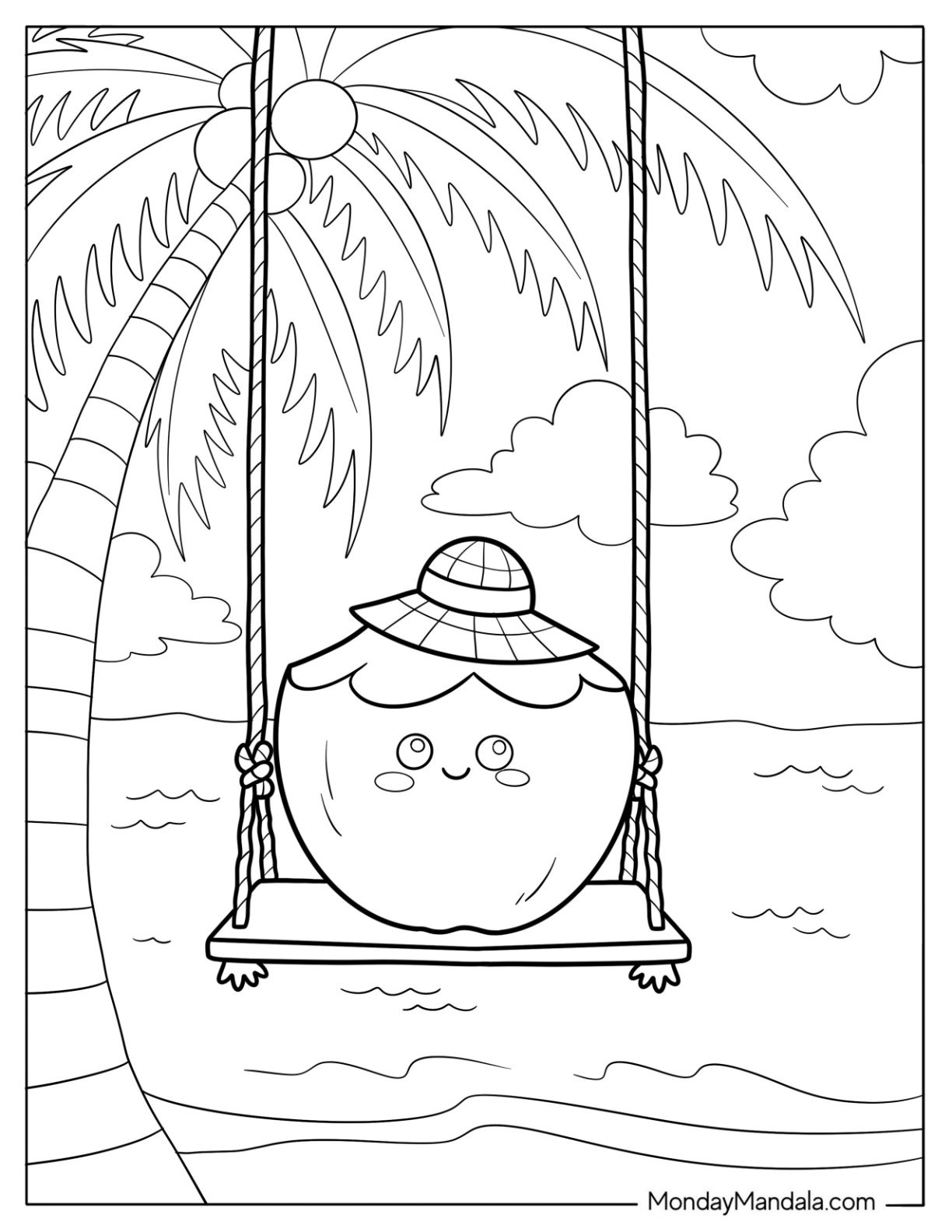 Coconut with Straw Hat on a Swing at the Beach Coloring Sheet