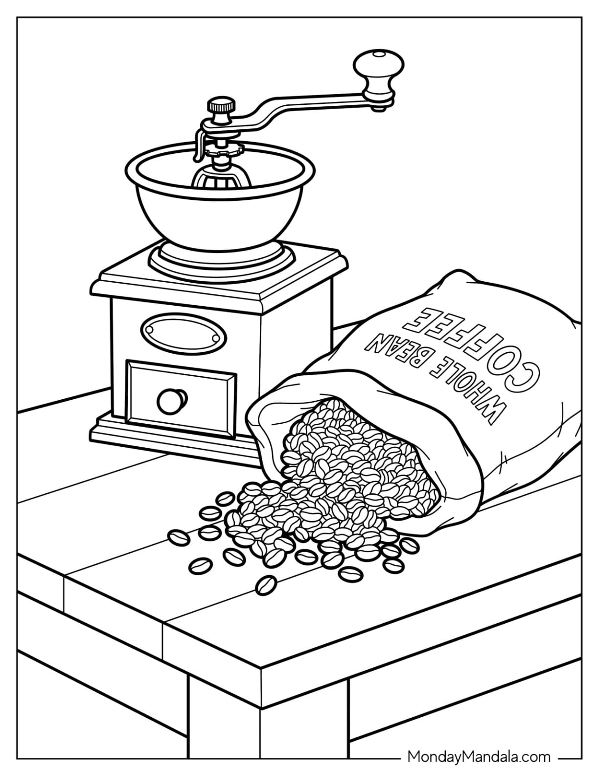 Coffee Beans Spilling from a Bag Beside a Hand Grinder Coloring Page