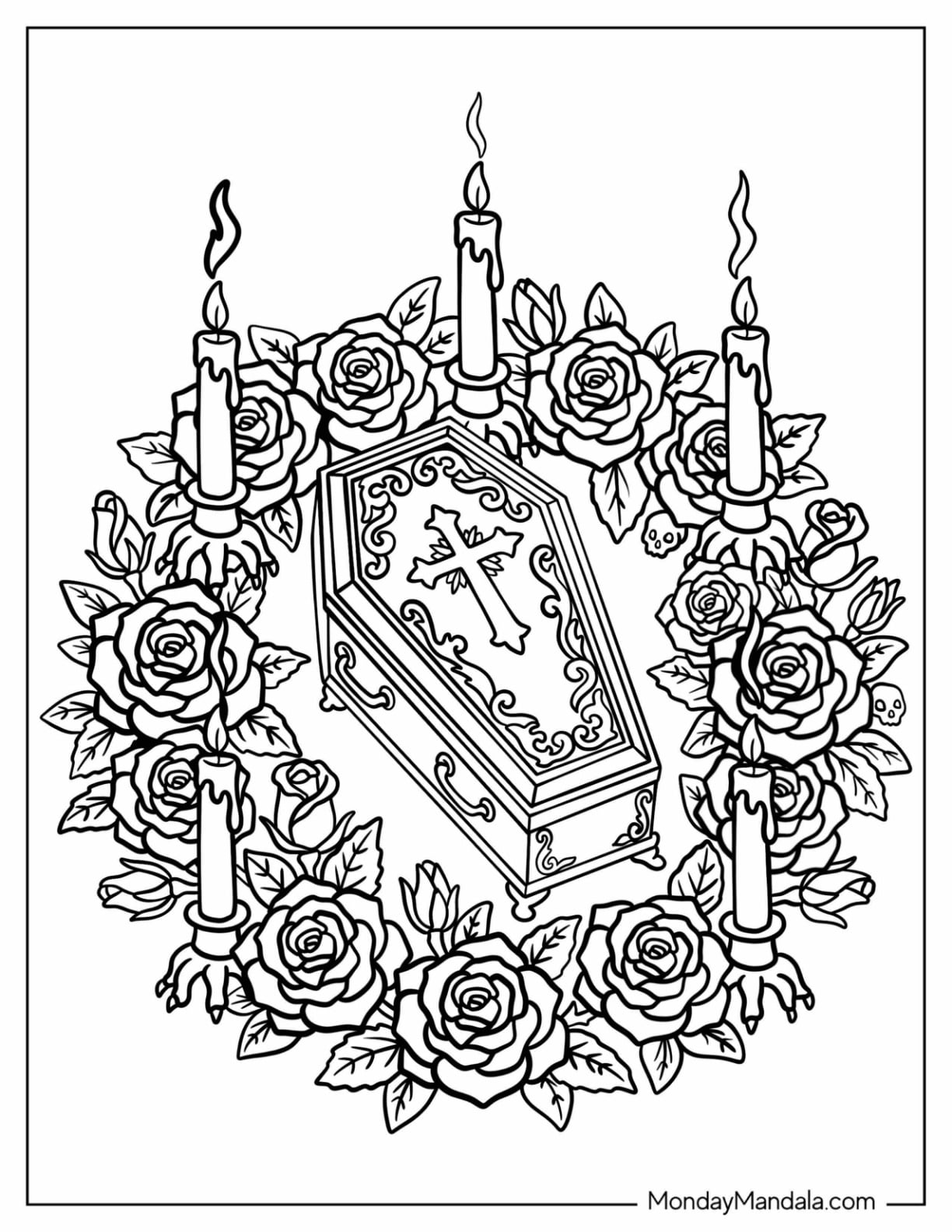 Coffin Inside A Halloween Mandala with Roses and Candles