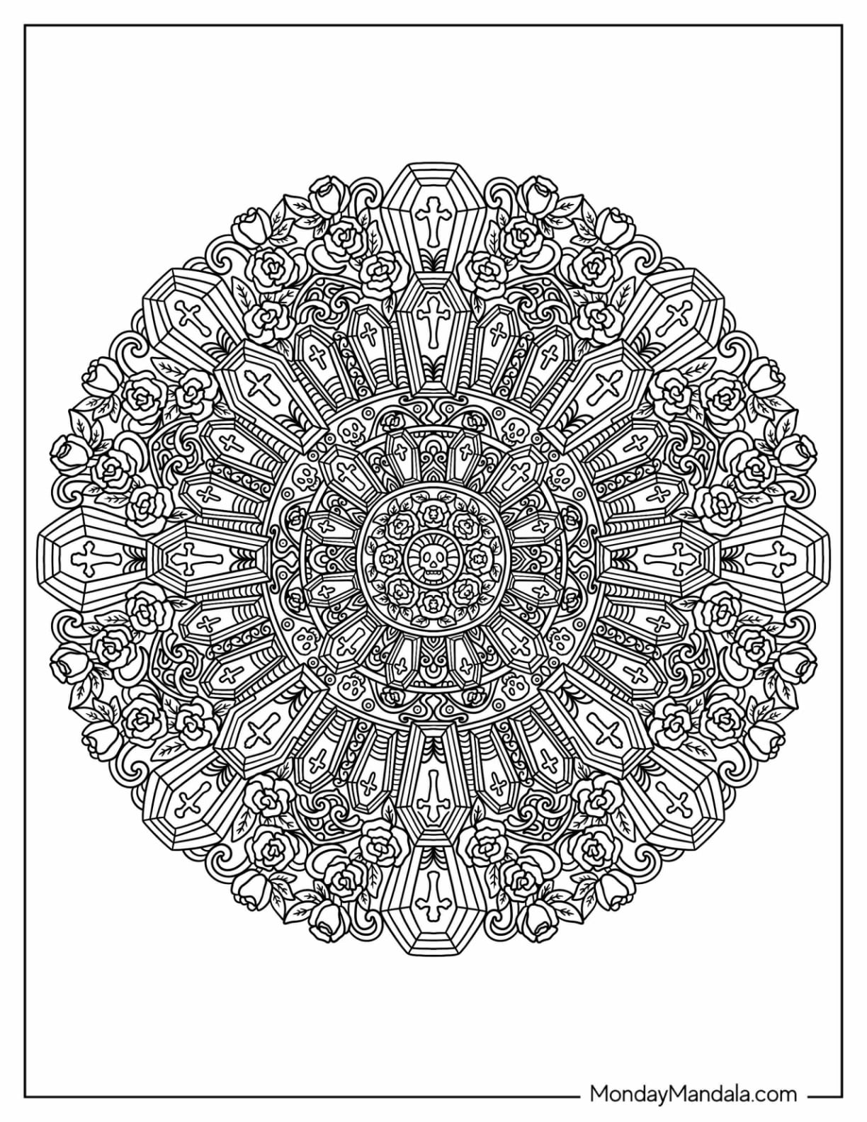 Coffins, Crosses, and Roses Halloween Mandala Coloring Sheet