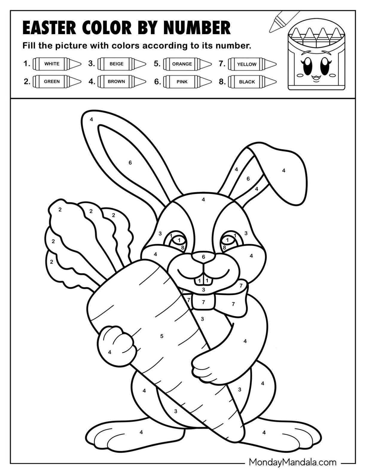 Color by Number Easter Bunny Hugging a Huge Carrot