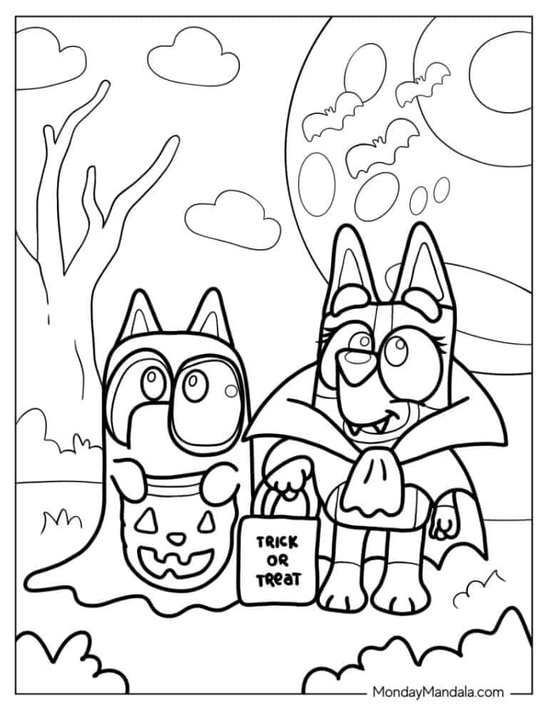 36 Bluey Coloring Pages Free PDF - Coloring Page Of Bluey And Bingo In Halloween Costumes 768x994